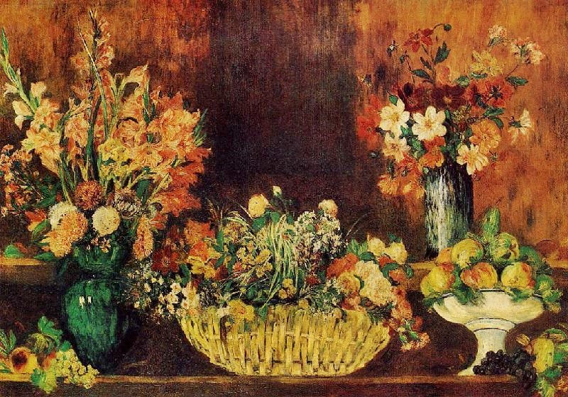 Vase, Basket Of Flowers And Fruit by Pierre Auguste Renoir