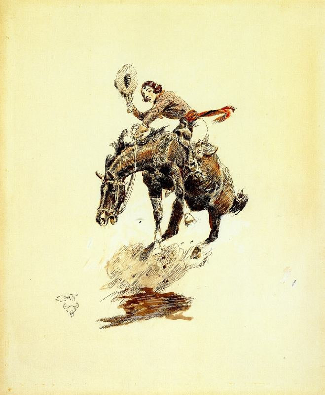 Bucking Horse And Cowgirl by Charles Marion Russell