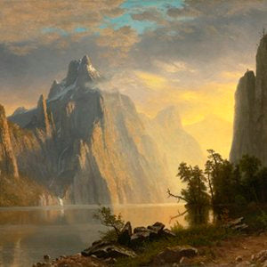 Majestic mountain landscape with a lake and trees, painted in a realistic style.