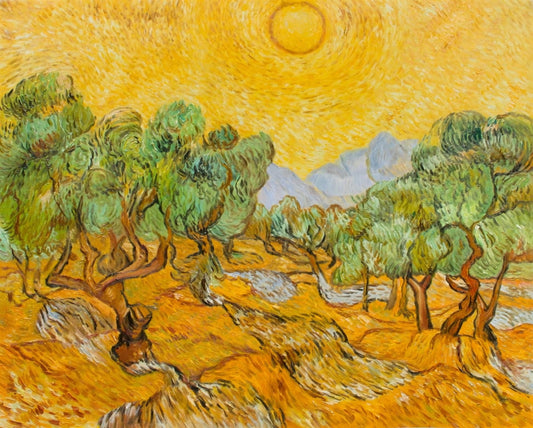 OLIVE TREES WITH YELLOW SKY AND SUN