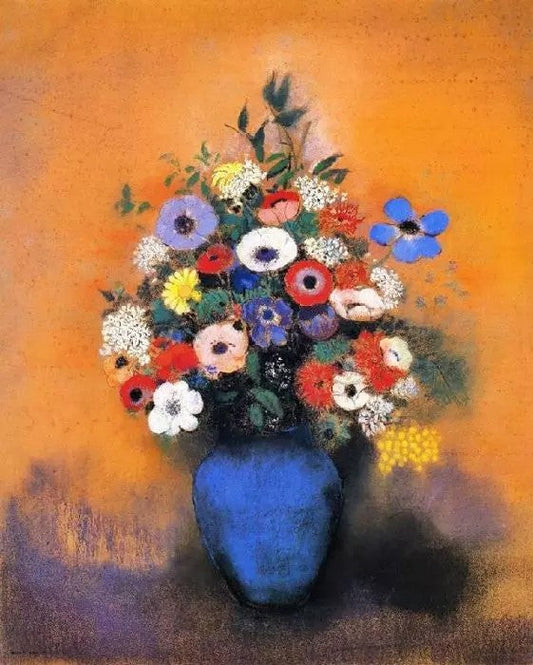 MINOSAS, ANEMONIES AND LEAVES IN A BLUE VASE