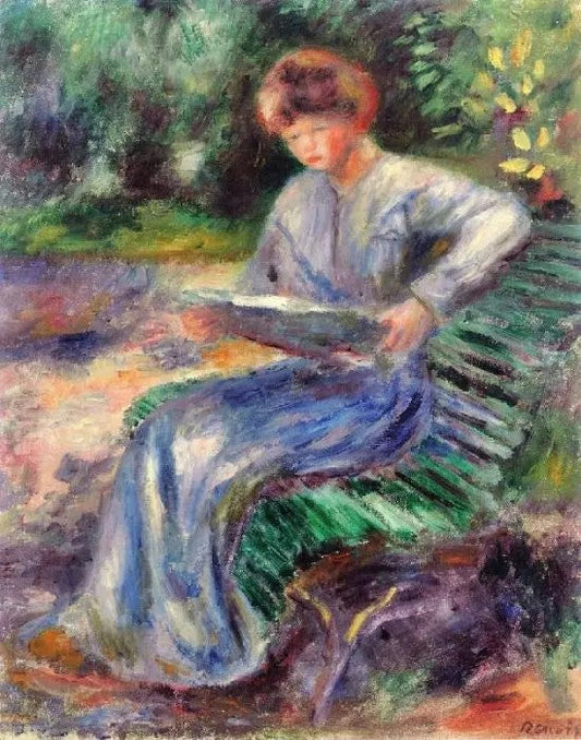 WOMAN SEATED ON A BENCH, READING