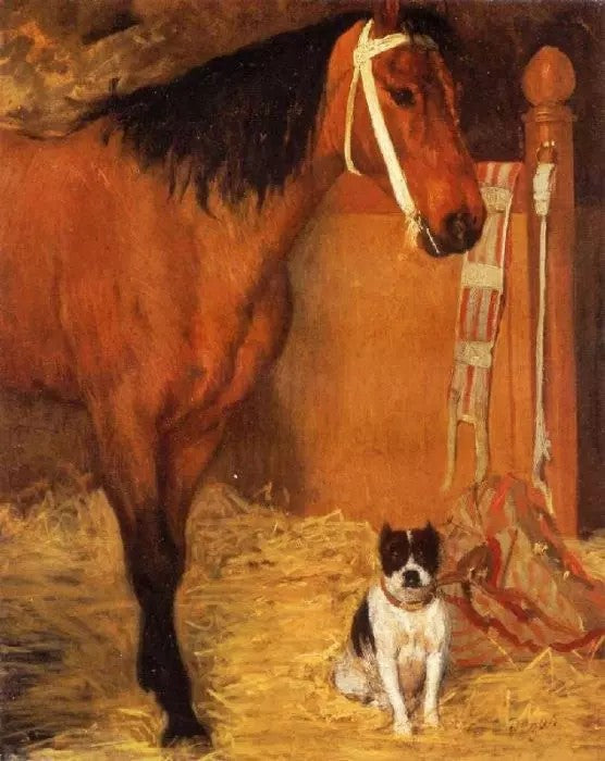 AT THE STABLES, HORSE AND DOG