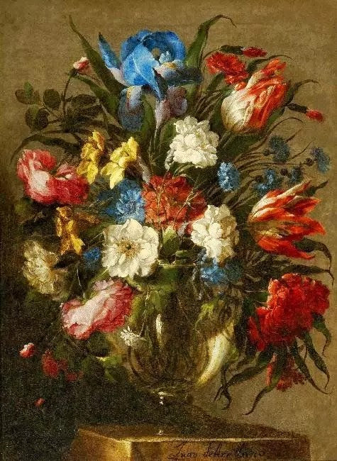 STILL LIFE OF TULIPS, ROSES, PEONIES, IRIS AND OTHER FLOWERS IN A GLASS VASE
