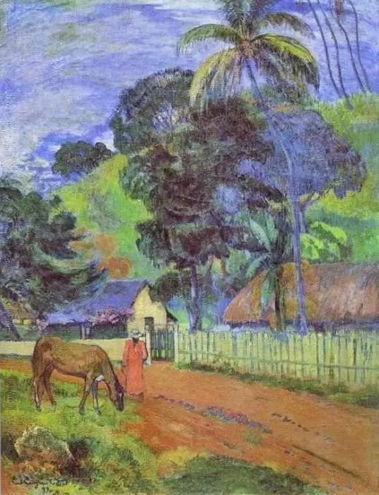 HORSE ON ROAD, TAHITIAN LANDSCAPE