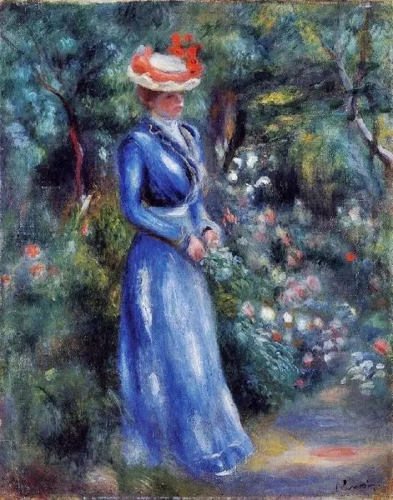 WOMAN IN A BLUE DRESS, STANDING IN THE GARDEN OF SAINT-CLOUD