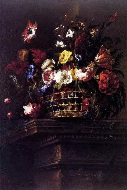 BASKET OF FLOWERS ON A PLINTH