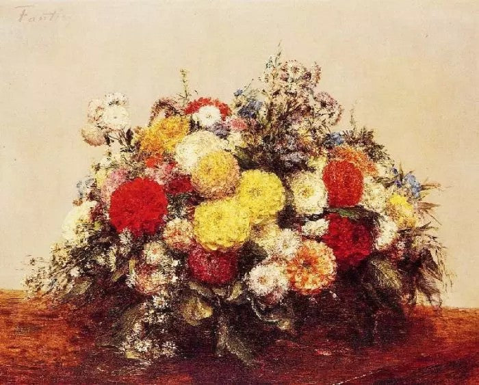 LARGE VASE OF DAHLIAS AND ASSORTED FLOWERS