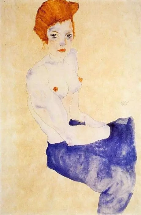 SEATED GIRL WITH BARE TORSO AND LIGHT BLUE SKIRT