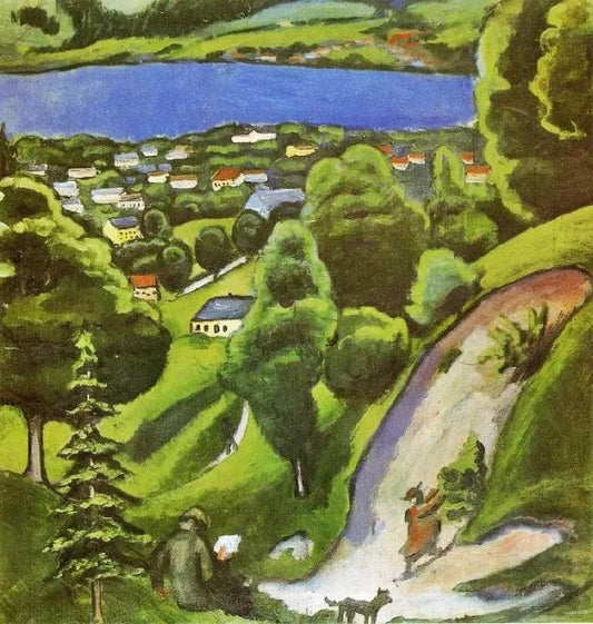 TEGERNSEE LANDSCAPE WITH MAN READING AND DOG