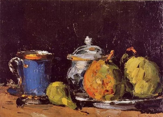 SUGAR BOWL, PEARS AND BLUE CUP