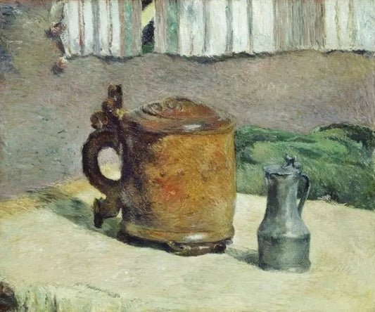 WOOD TANKARD AND METAL PITCHER