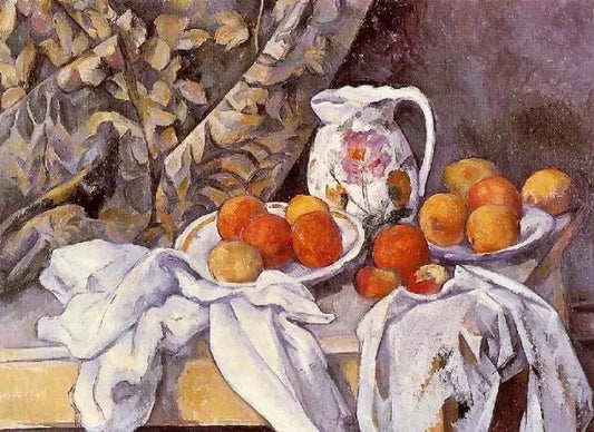 STILL LIFE WITH CURTAIN AND FLOWERED PITCHER