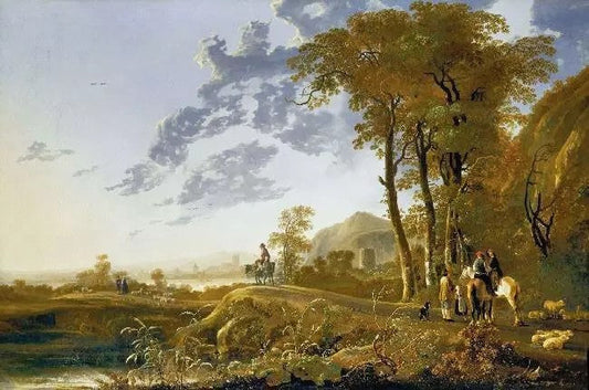 AN EVENING LANDSCAPE WITH FIGURES AND SHEEP