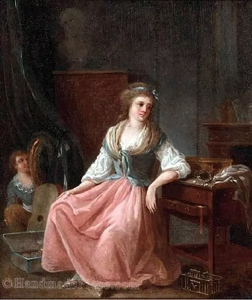 A SEATED YOUNG WOMAN BY HER DRESSING TABLE