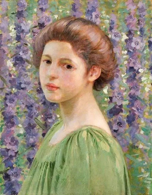 PORTRAIT OF A GIRL AMONGST PURPLE DELPHINIUMS
