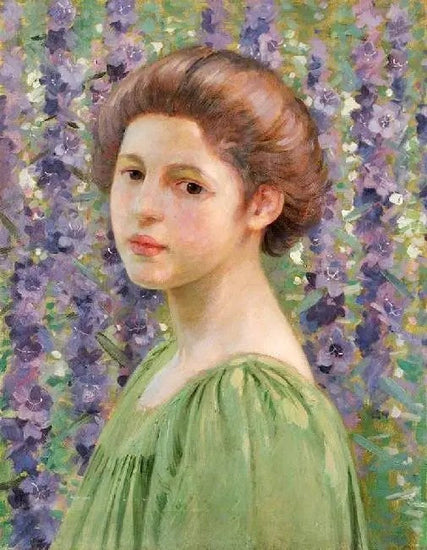 PORTRAIT OF A GIRL AMONGST PURPLE DELPHINIUMS