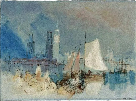 ROUEN, THE TOWERS OF THE CATHEDRAL SEEN BEYOND A SAILING BOAT