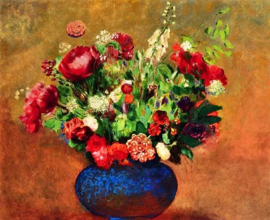POPPIES AND SWEET WILLIAM IN A BLUE VASE