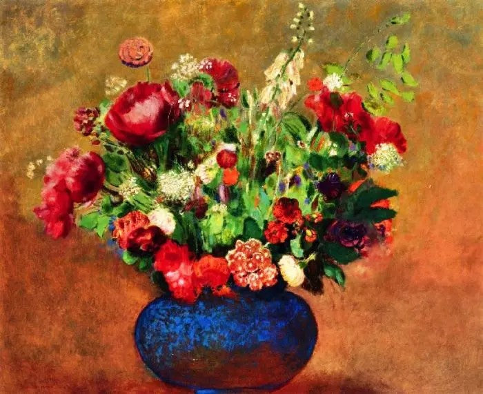 POPPIES AND SWEET WILLIAM IN A BLUE VASE