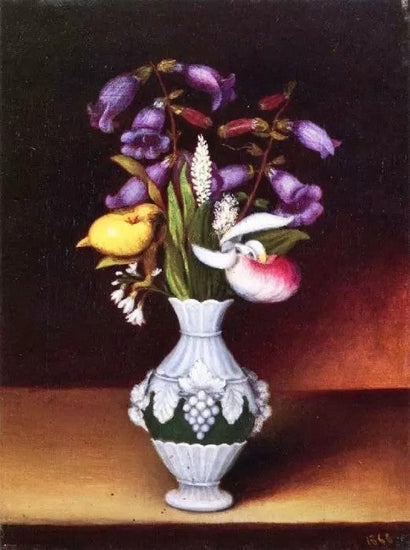 FLORAL STILL LIFE WITH LADY SLIPPERS AND VIRGINIA BLUE BELLS