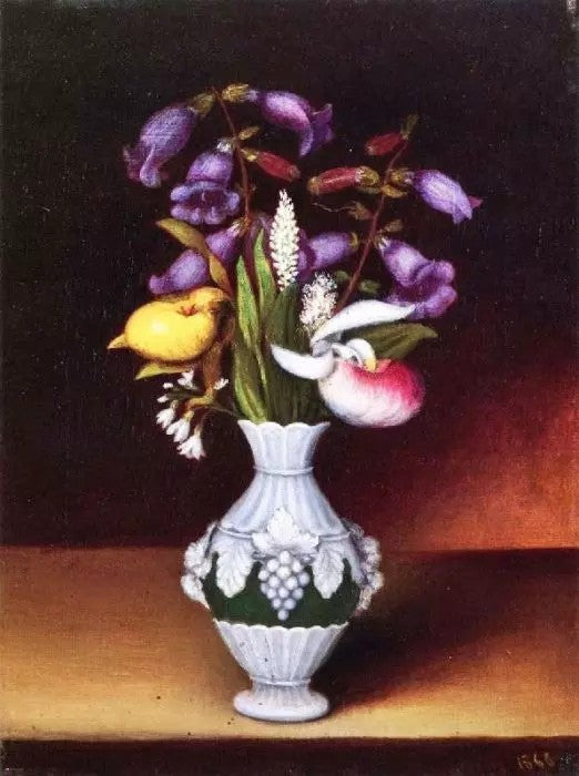 FLORAL STILL LIFE WITH LADY SLIPPERS AND VIRGINIA BLUE BELLS