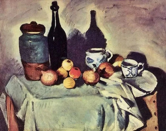 STILL LIFE, POST, BOTTLE, CUP AND FRUIT