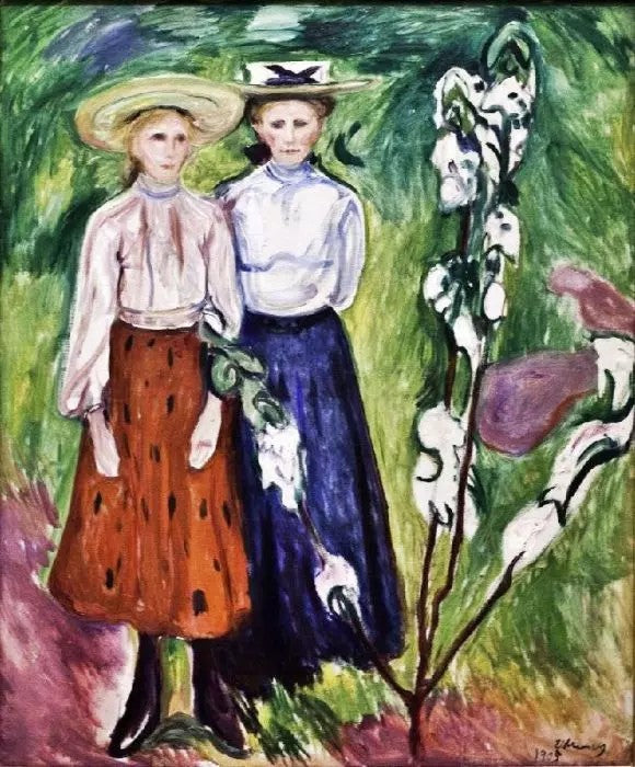 TWO GIRLS UNDER A APPLE TREE IN BLOOM