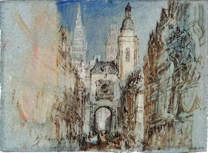 ROUEN, THE GROS-HORLOGE, WITH THE TOWERS OF THE CATHEDRAL BEYOND