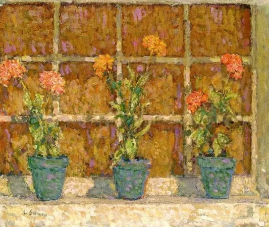THREE POTS OF FLOWERS, GERBEROY
