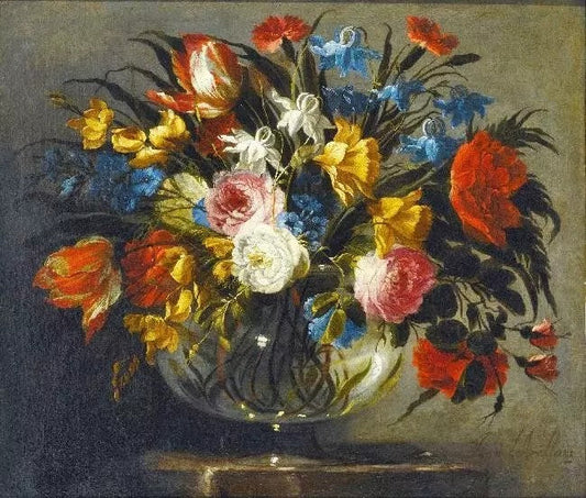 STILL LIFE WITH WHITE ZINNIA, LAVENDER, PINK AND RED PEONNIES, ETC.