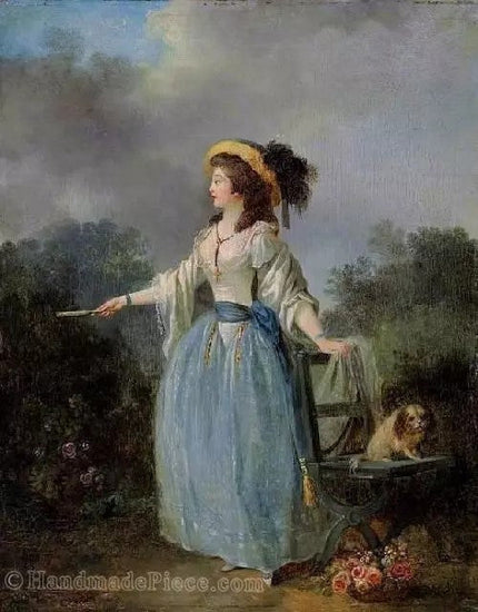 A LADY WITH HER DOG IN A GARDEN