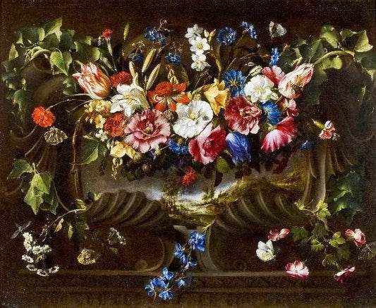 GARLAND OF FLOWERS IN A CARTOUCHE WITH A LANDSCAPE BEHIND