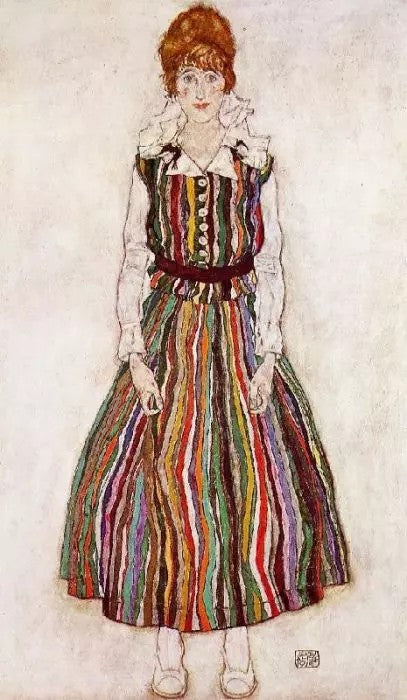 PORTRAIT OF EDITH SCHIELE IN A STRIPED DRESS