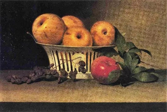 STILL LIFE WITH RAISINS, YELLOW AND RED APPLES IN PORCELAIN BASKET