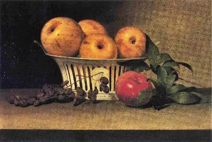 STILL LIFE WITH RAISINS, YELLOW AND RED APPLES IN PORCELAIN BASKET