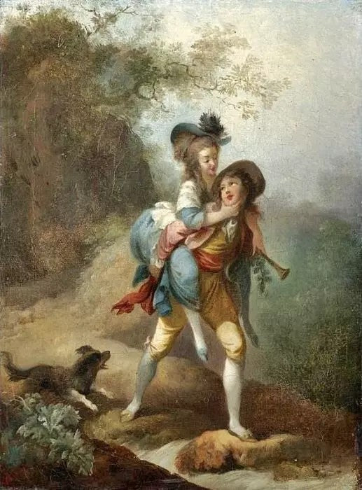 A YOUNG GENTLEMAN CARRYING A LADY ACROSS A STREAM