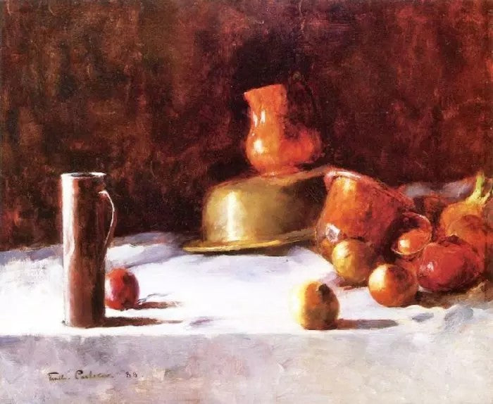STILL LIFE WITH COPPER, BRASS AND ONIONS
