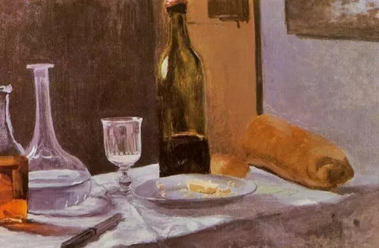 STILL LIFE WITH BOTTLE, CARAFE, BREAD AND WINE