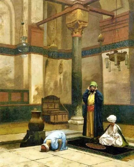 THREE WORSHIPPERS PRAYING IN A CORNER OF A MOSQUE