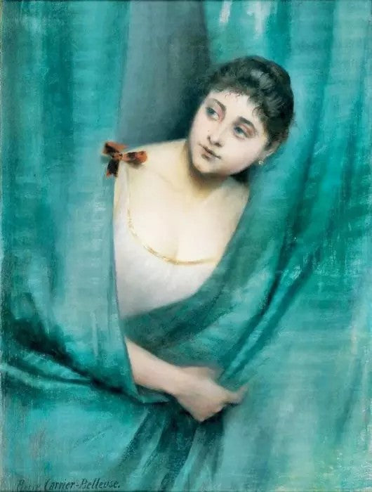 YOUNG WOMAN BEHIND THE BLUE CURTAIN