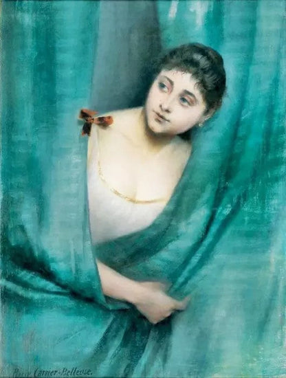 YOUNG WOMAN BEHIND THE BLUE CURTAIN