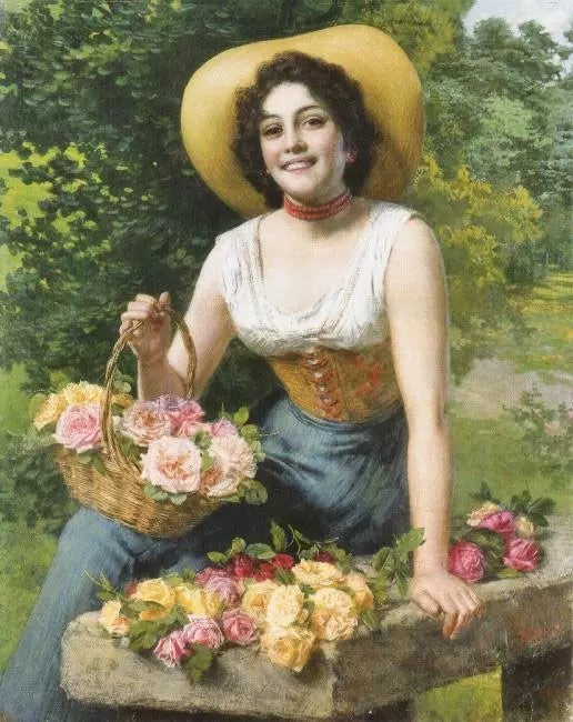 A BEAUTY HOLDING A BASKET OF ROSES