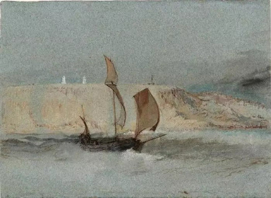 A SHIP UNDER SAIL BELOW THE LIGHT TOWERS OF LA HÈVE