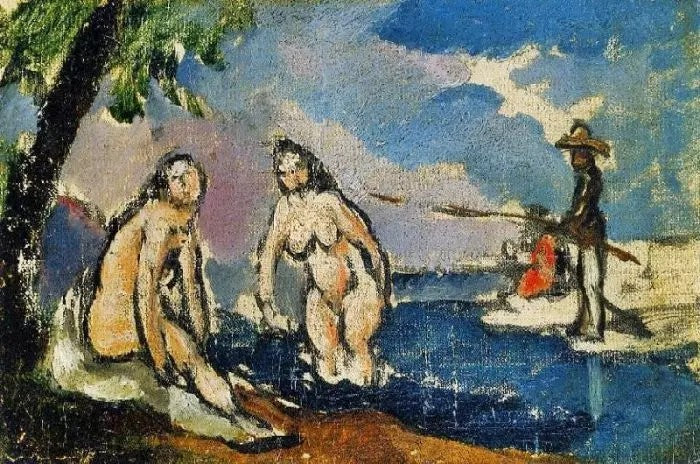 BATHERS AND FISHERMAN WITH A LINE