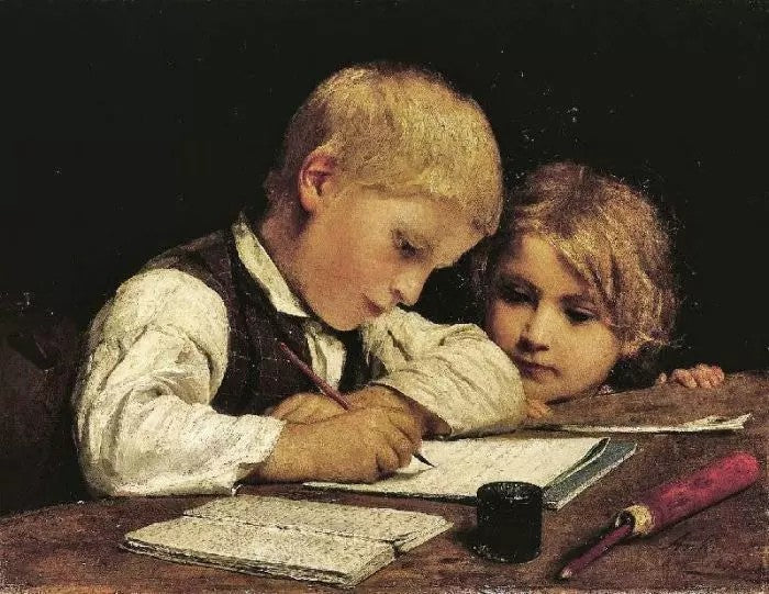 WRITING BOY WITH LITTLE SISTER