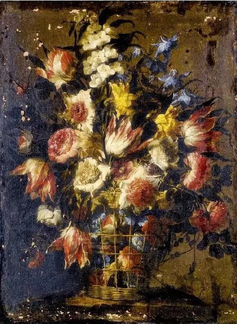 STILL LIFE OF FLOWERS IN A WICKER BASKET