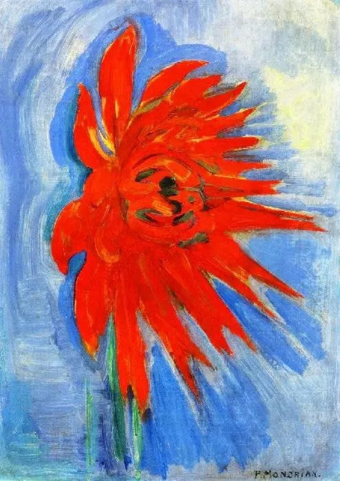 RED CHRYSANTHEMUM ON BLUE BACKGROUND