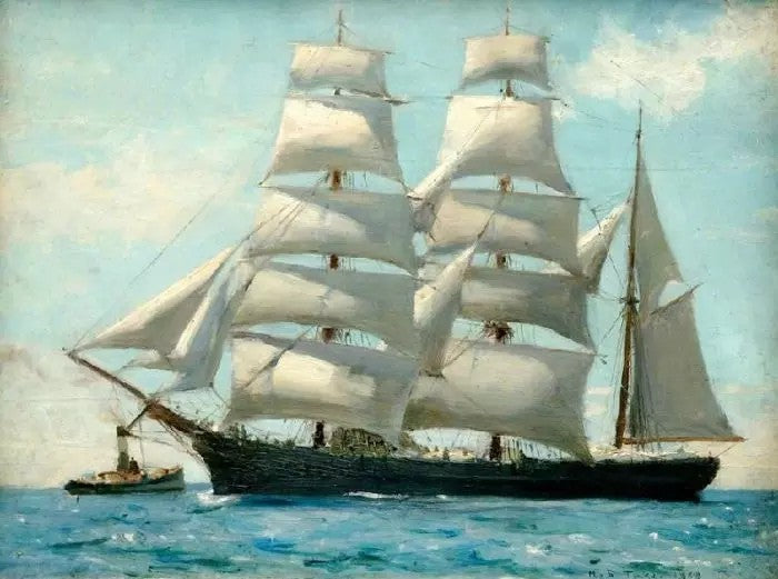 BARQUE IN FULL SAIL DROPPING HER TUG
