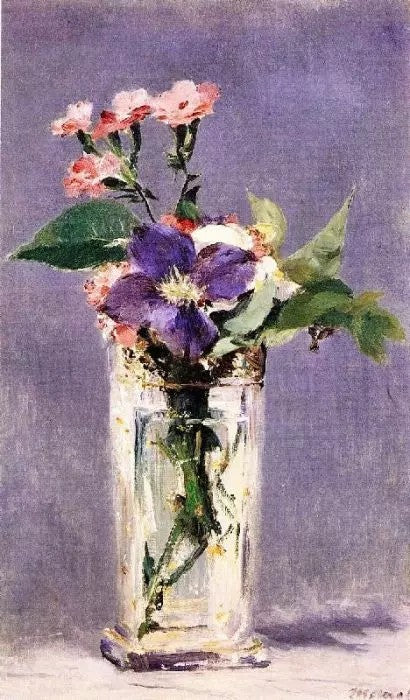 PINKS AND CLEMATIS IN A CRYSTAL VASE